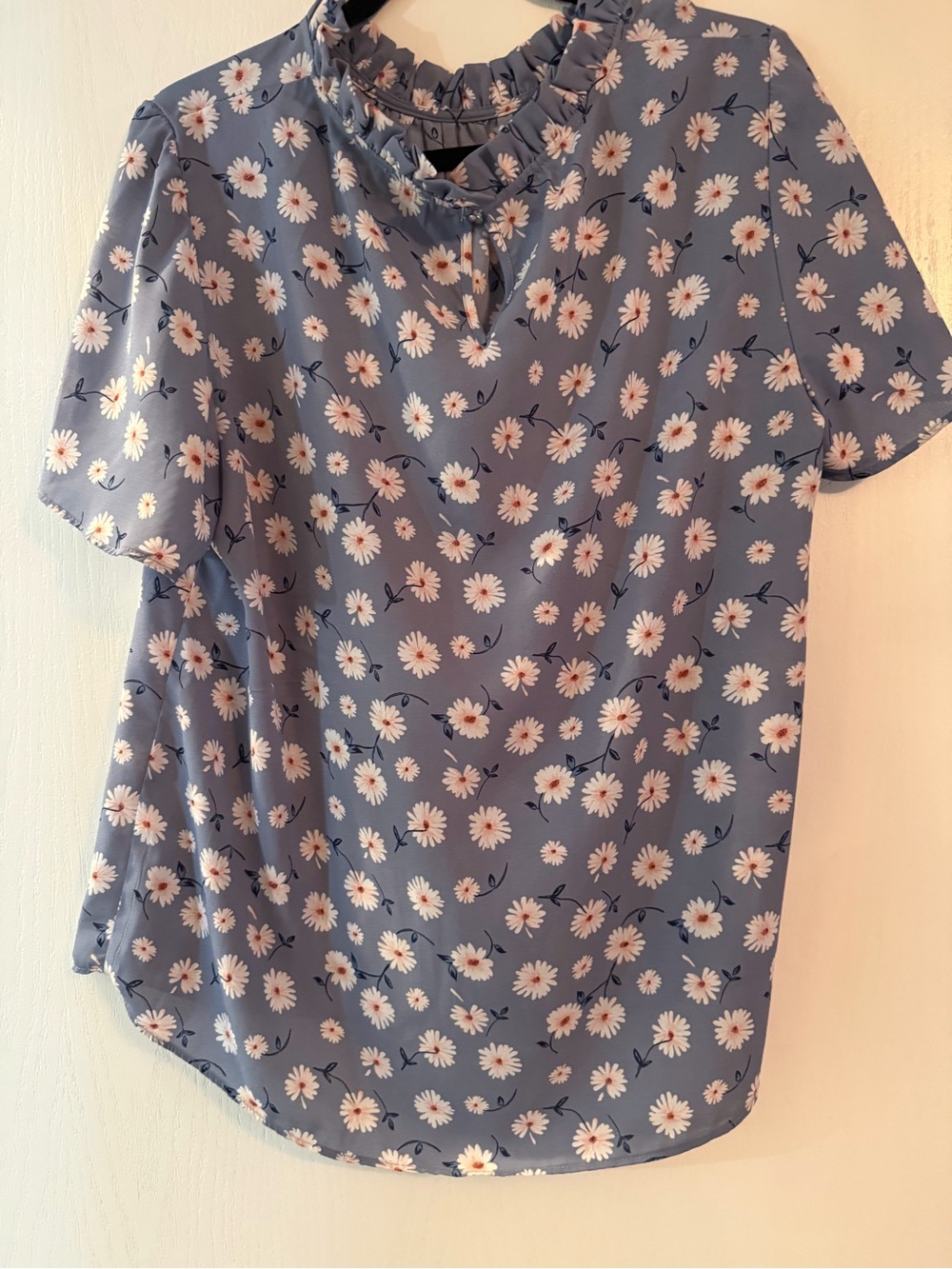 cooper & ella Blue Daisy Ruffle-Neck Short Sleeve Blouse